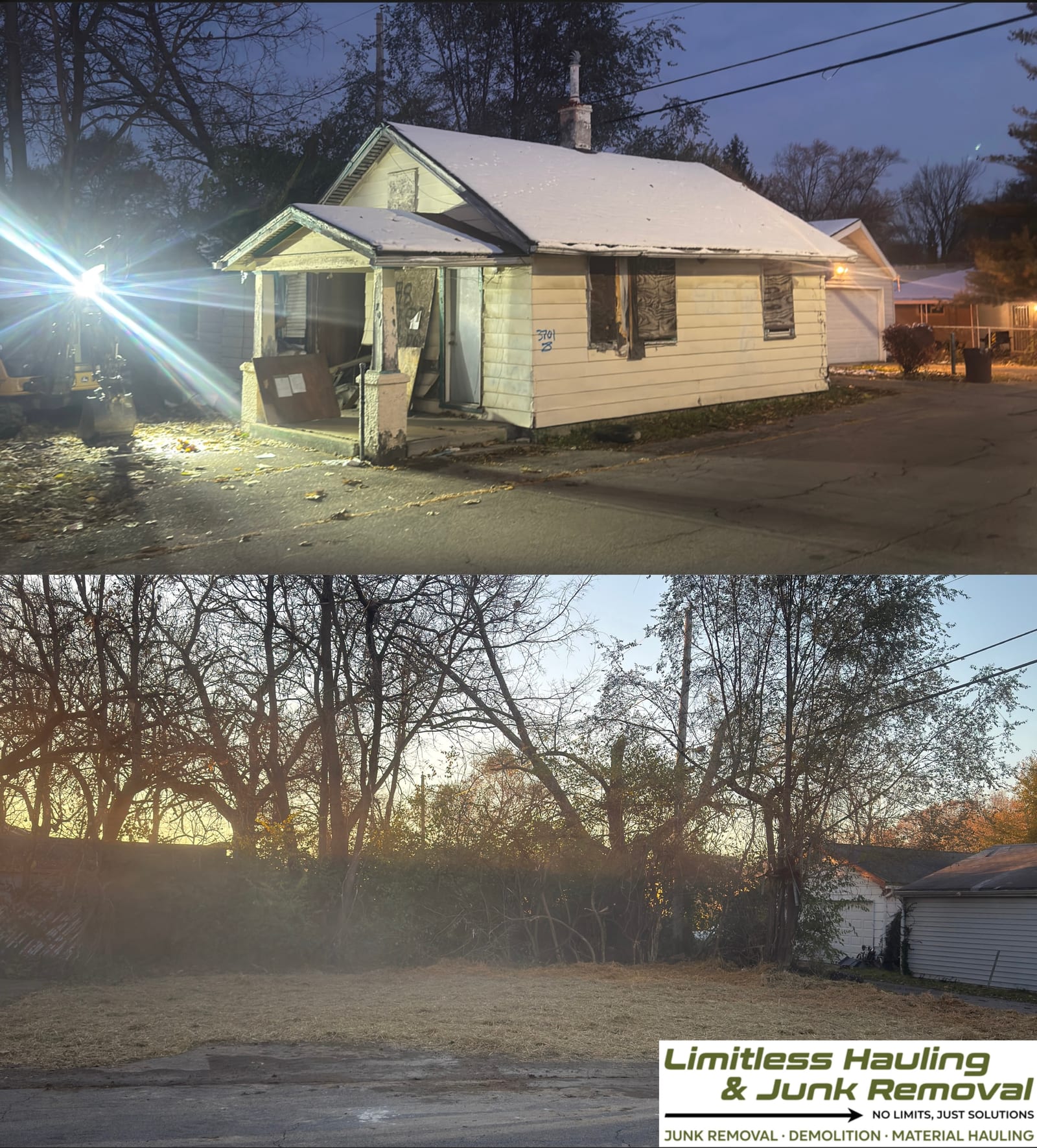 Before and after: a fire-damaged house demolished and the lot left level